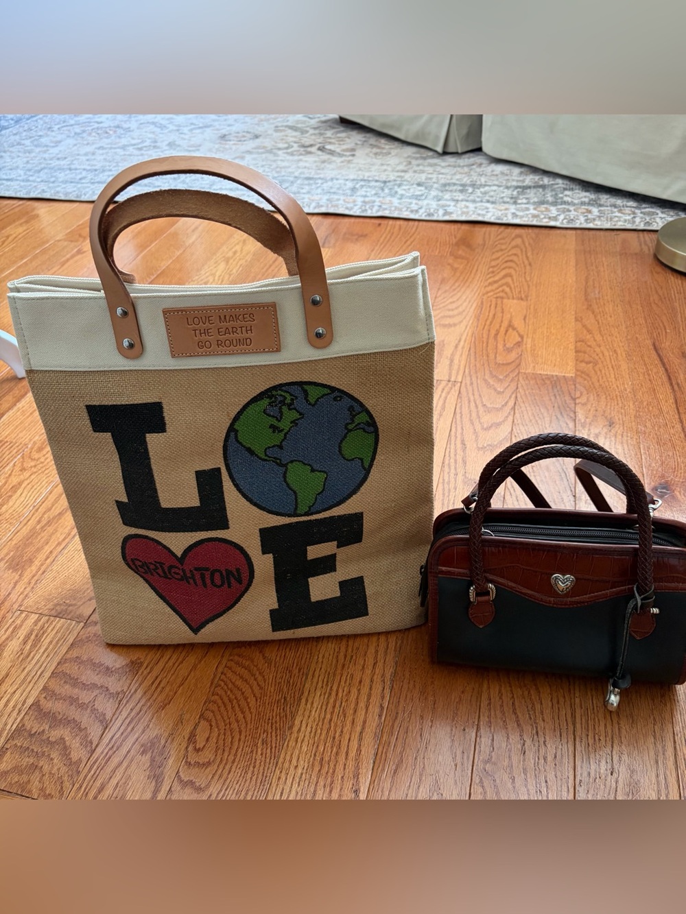 Vintage Brighton Croc Leather Purse & Leather Jute Love Earth Tote Set Earthy